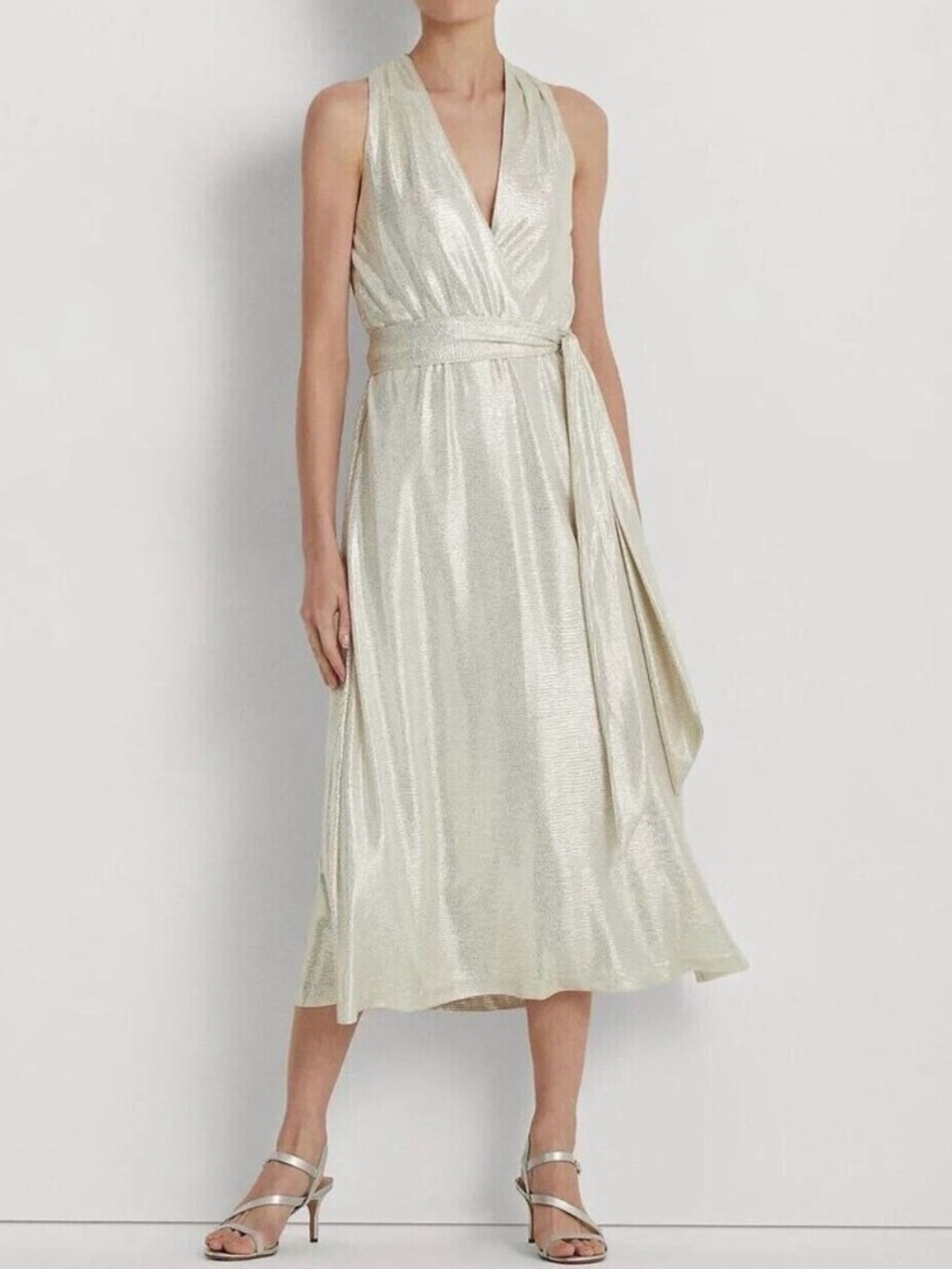 Ralph Lauren Metallic Wrap Midi Dress in Pale Gold